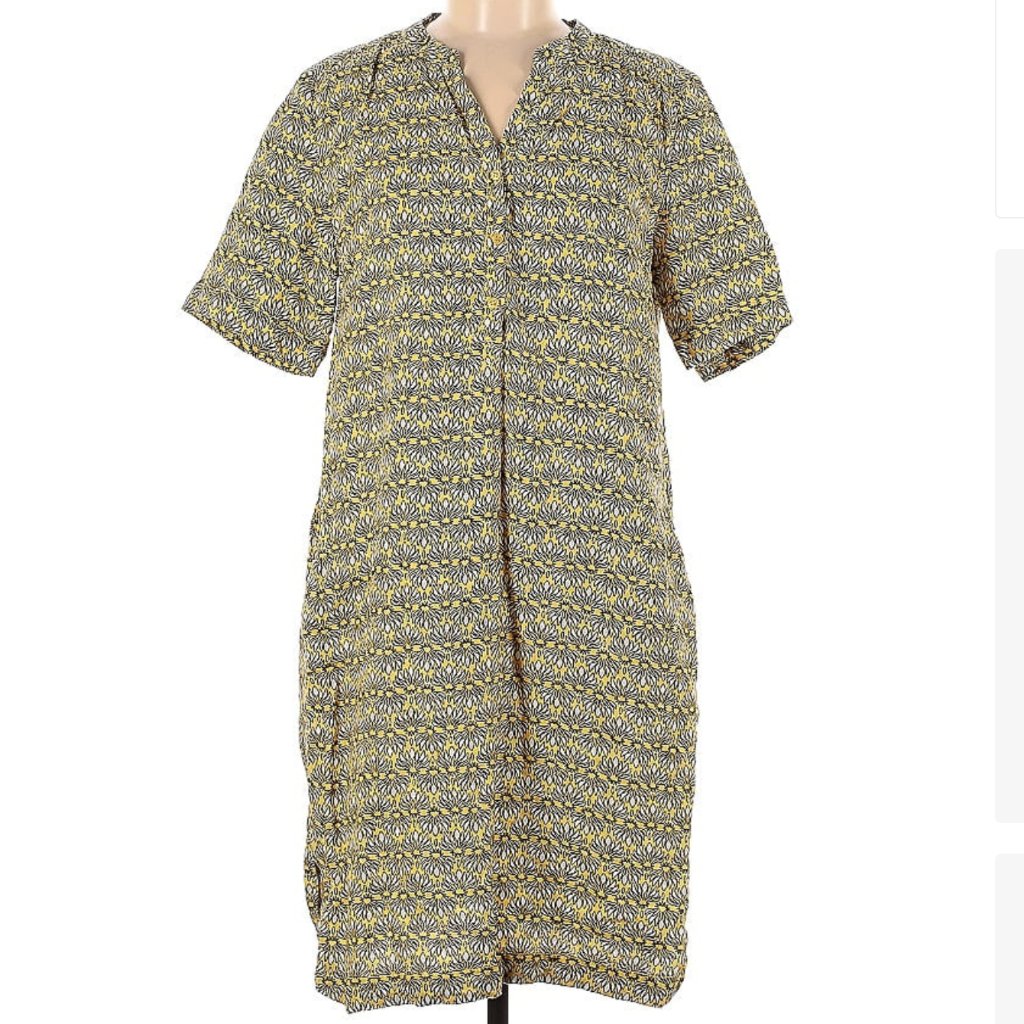Olsen 100% Linen Print Tunic Size M Medium Yellow Black White Casual Dress
